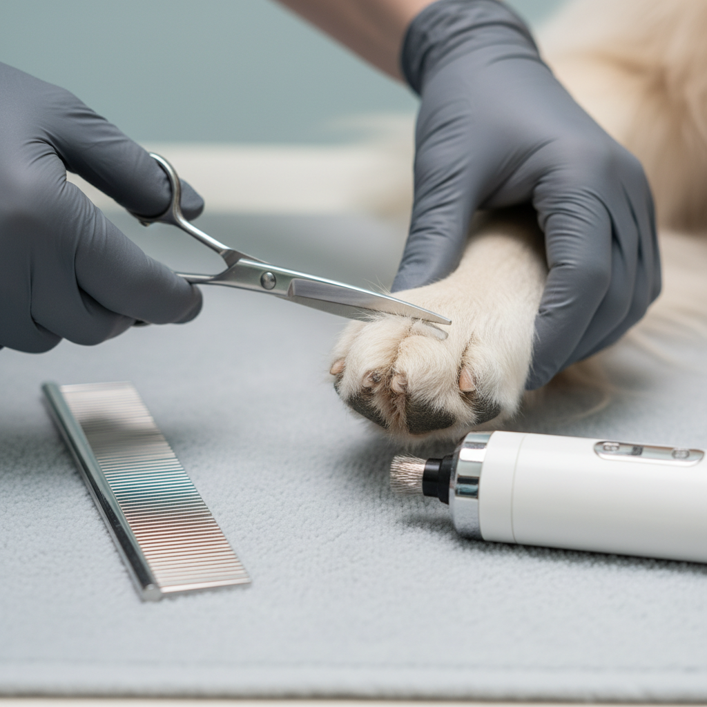 A close-up, detailed view of a groomer’s gloved hands (partially out of frame, without showing a person) carefully trimming the fur between a dog’s paw pads with small, precise scissors. The dog’s paw rests on a soft, grey grooming mat, with a high-quality comb and nail grinder placed neatly nearby. Neutral, diffused studio lighting creates clear visibility of textures: the softness of the fur, the matte gloves, and the gentle sheen of the metal tools. The background is softly blurred in cool, light tones, keeping full focus on the meticulous paw care. The atmosphere is focused and professional yet gentle, captured in tight composition with macro-style photographic realism, emphasizing safety, precision, and loving attention to detail.