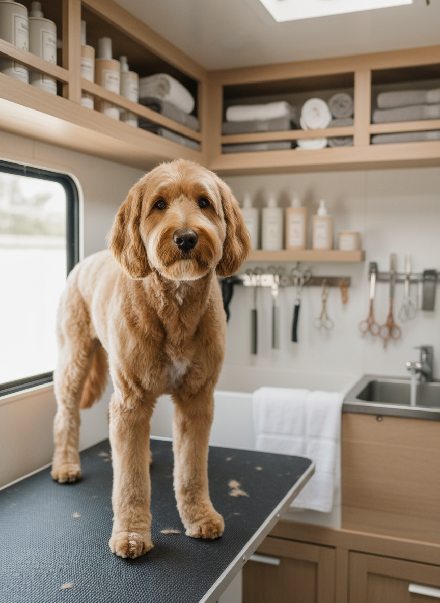 A well-groomed, medium-sized family dog with a shiny, freshly brushed coat and neatly trimmed paws stands on a non-slip grooming table inside a bright, modern mobile grooming van. Around the dog are organized shelves with high-quality, neutral-toned grooming products, soft towels, and stainless steel tools laid out carefully. Soft, diffused daylight enters through a side window, creating gentle highlights on the dog’s fur and subtle reflections on the metal surfaces. The atmosphere feels calm, clean, and professional. Photographed at eye level with a shallow depth of field so the background softly blurs, emphasizing the dog’s relaxed expression and the meticulous grooming environment in photographic realism.